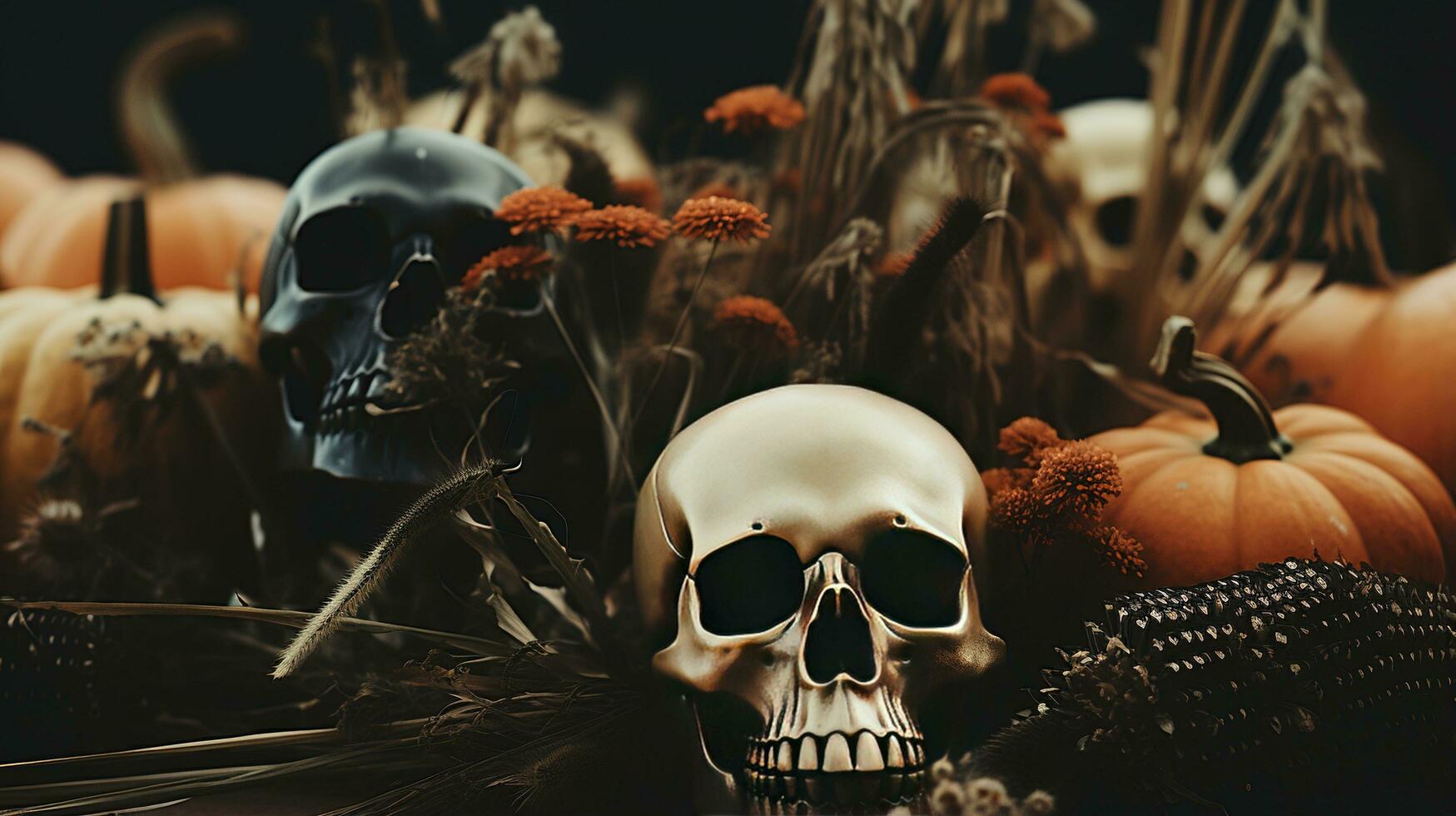 Generative AI, Halloween background with skull, flowers and feathers in boho style, muted neutral colors, home decoration photo