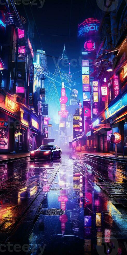 Generative AI, Night scene of after rain city in cyberpunk style, futuristic nostalgic 80s, 90s. Neon lights vibrant colors, photorealistic vertical illustration. photo
