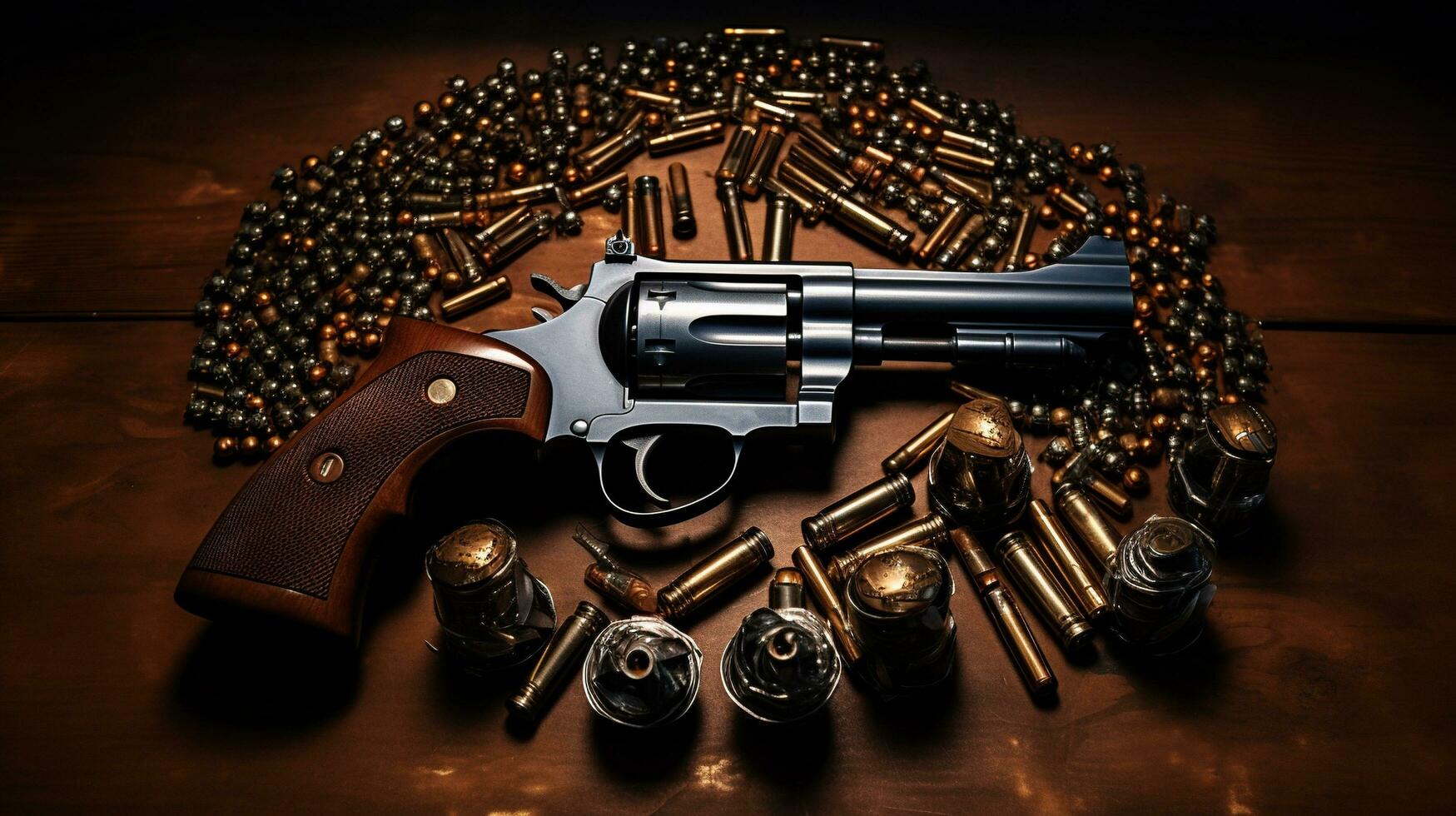 Generative AI, revolver gun with bullets isolated on wooden background, hand gun with ammunition, pistol military weapon photo