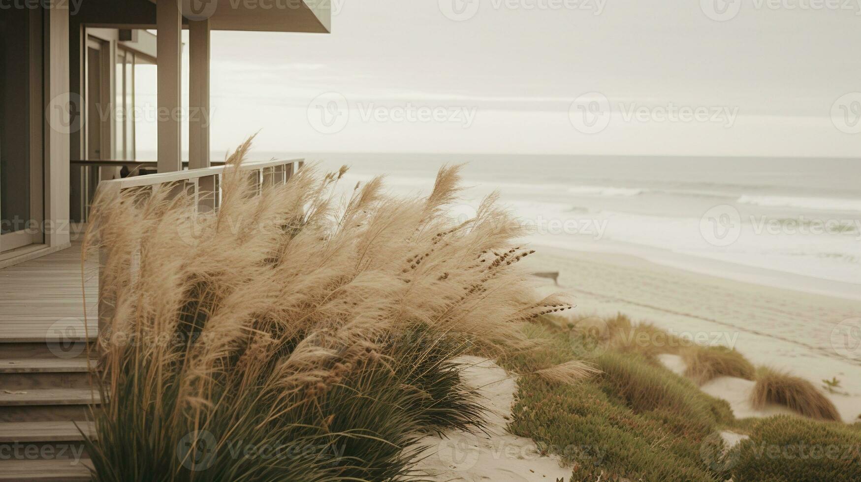 Generative AI, Beach aesthetic villa house and coast landscape, muted colors, minimalism photo