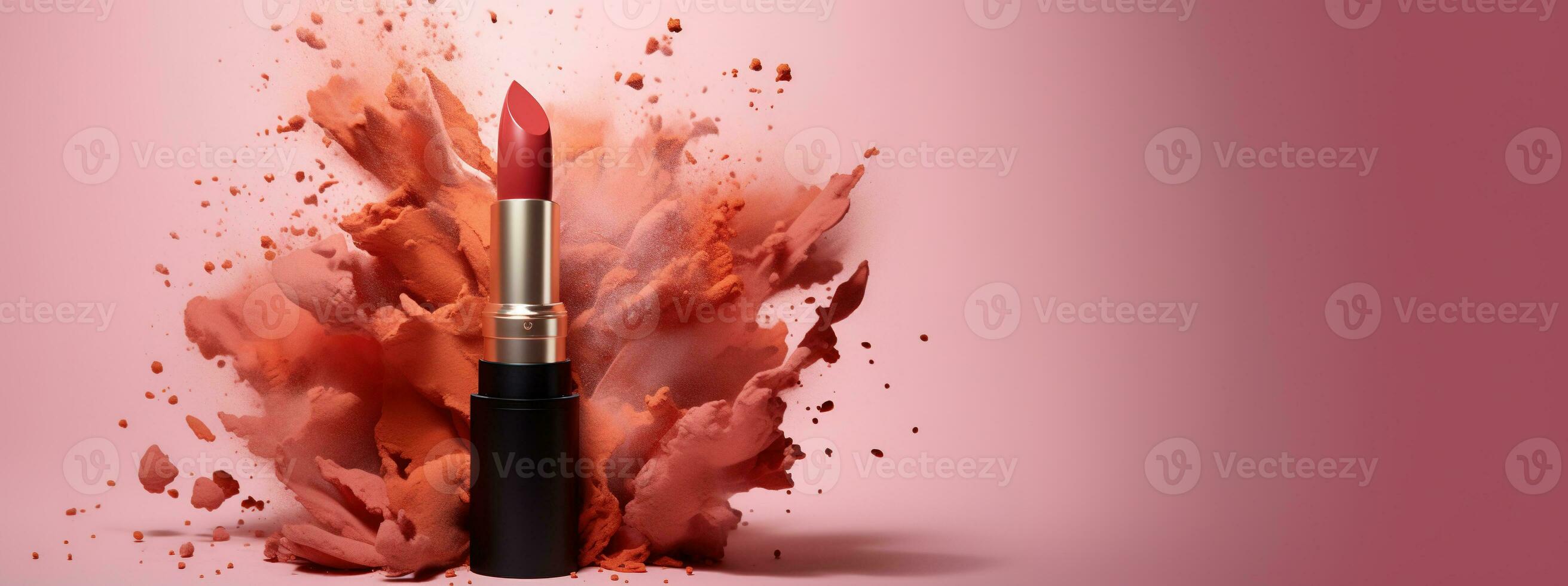 Generative AI, Apricot color lipstick, orange powder splashes and smoke with copy space. photo