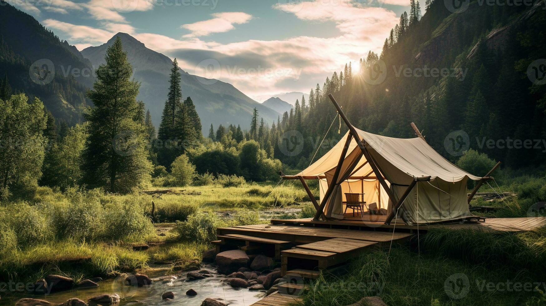 Generative AI, Camping outdoor concept near the lake or river, tourist camp on the beautiful green landscape with mountains photo