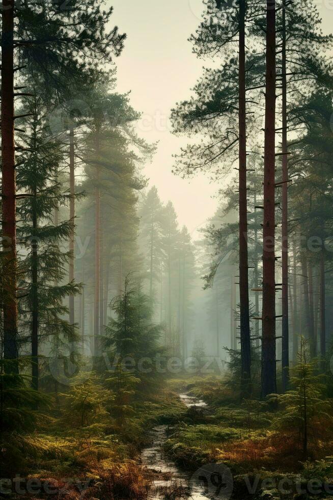 Generative AI, Misty fir forest beautiful landscape in hipster vintage retro style, foggy mountains and trees. photo