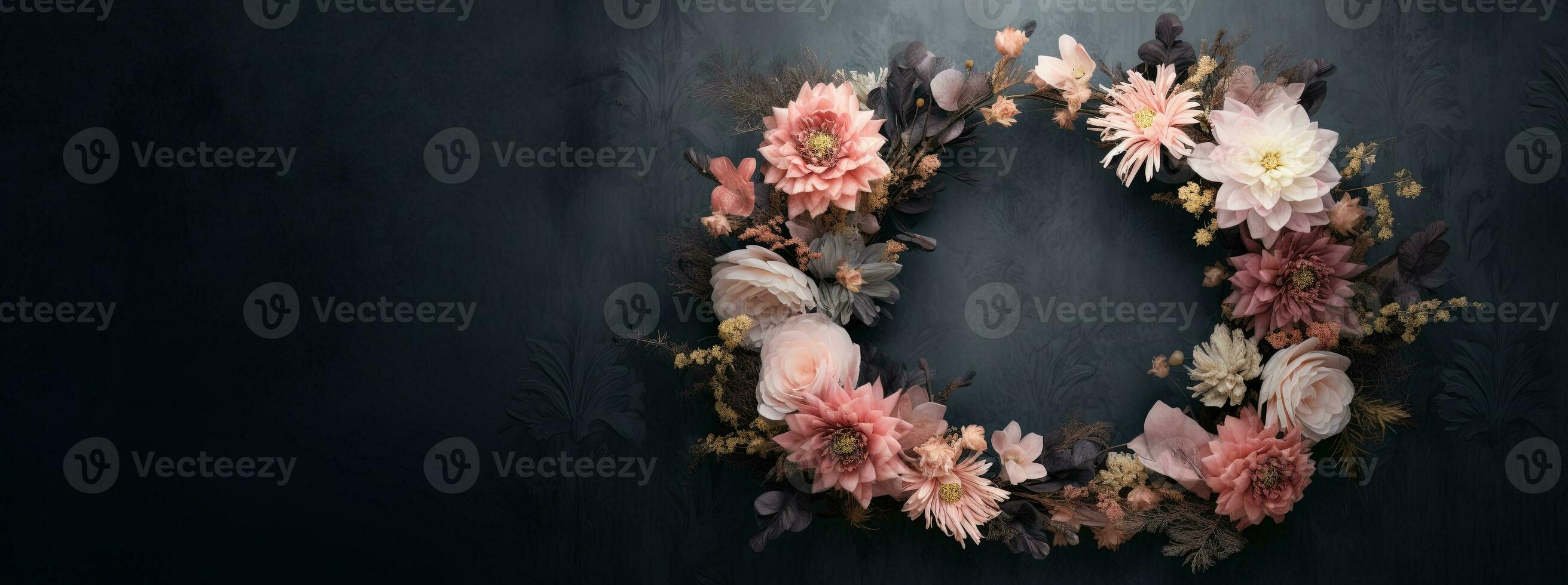 Generative AI, Close up wreath, blooming flowerbeds of amazing pink flowers on dark moody floral textured background. photo