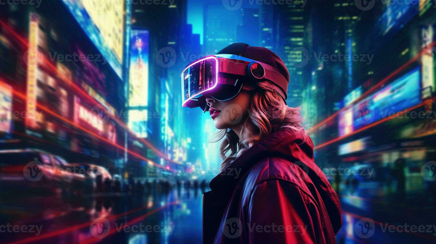 Generative AI, beautiful woman in VR glasses in neon space street, virtual reality headset  in cyberspace photo