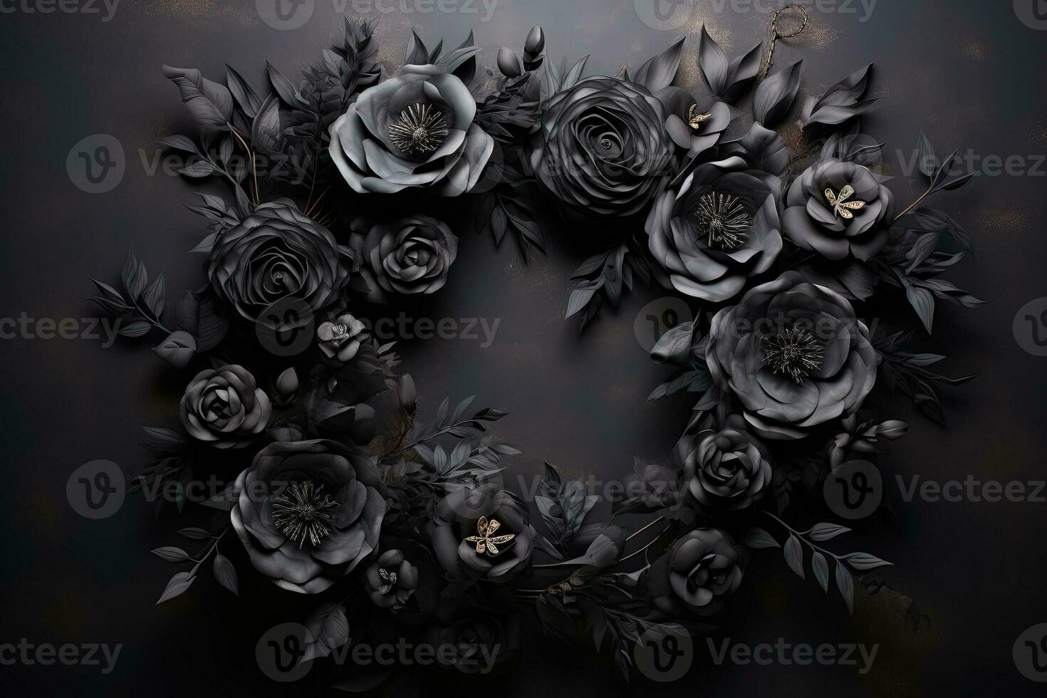 Generative AI, Close up wreath, blooming flowerbeds of amazing black flowers on dark moody floral textured background. photo