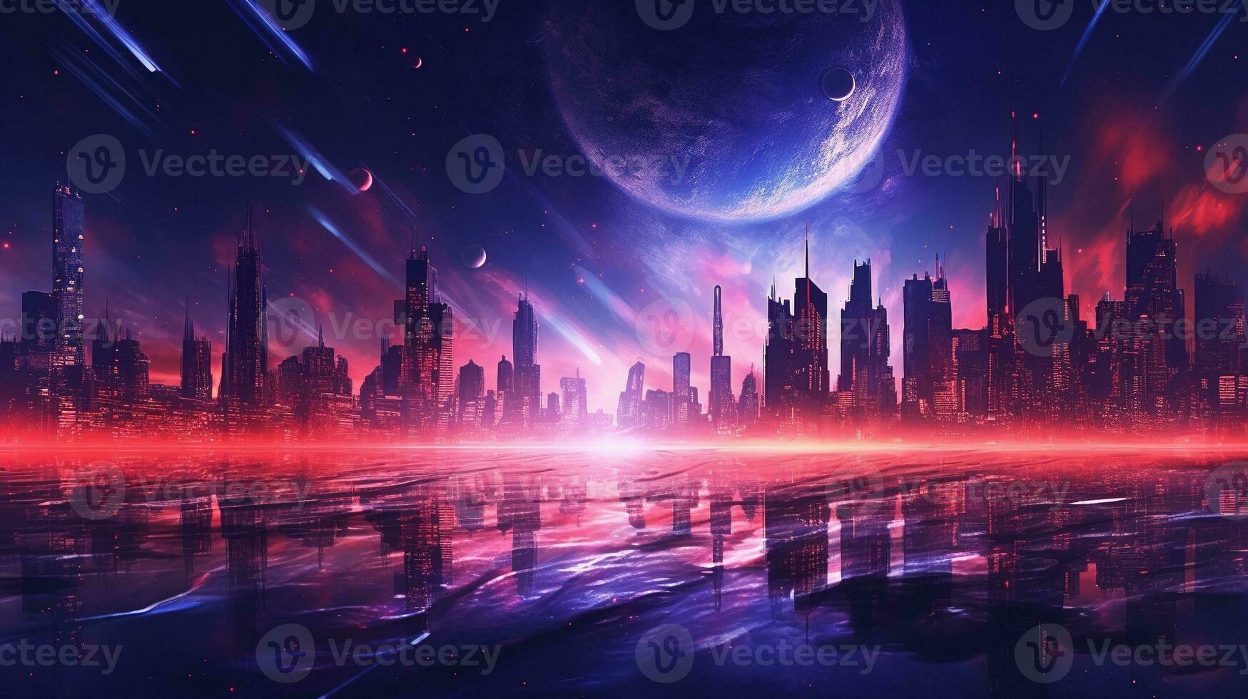 Generative AI, Synthwave style of a futuristic city, cityscape with neon lights and sky, red and purple colors photo