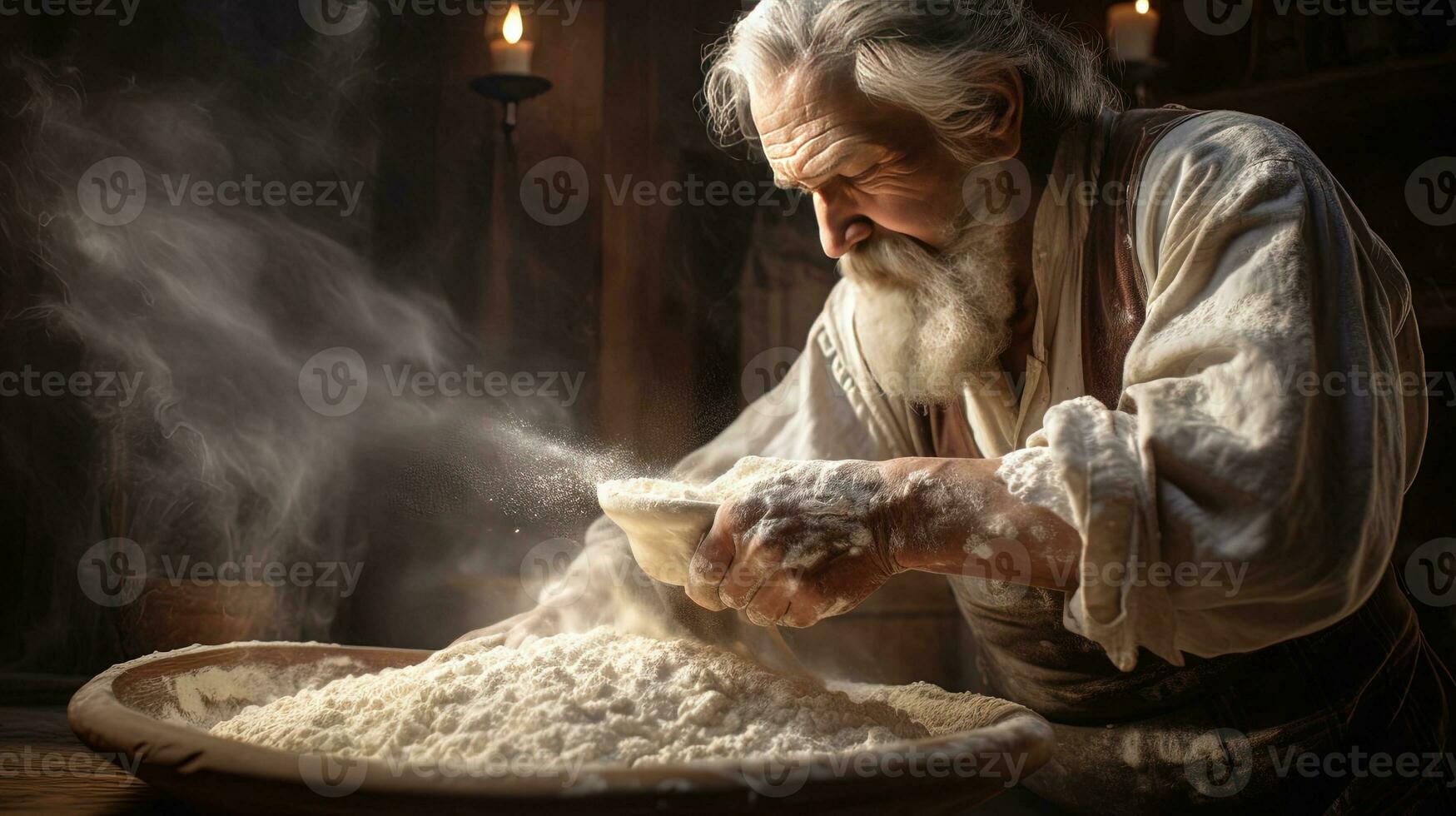 Generative AI, Old man hands of baker in restaurant or home kitchen, prepares ecologically natural pastries. photo