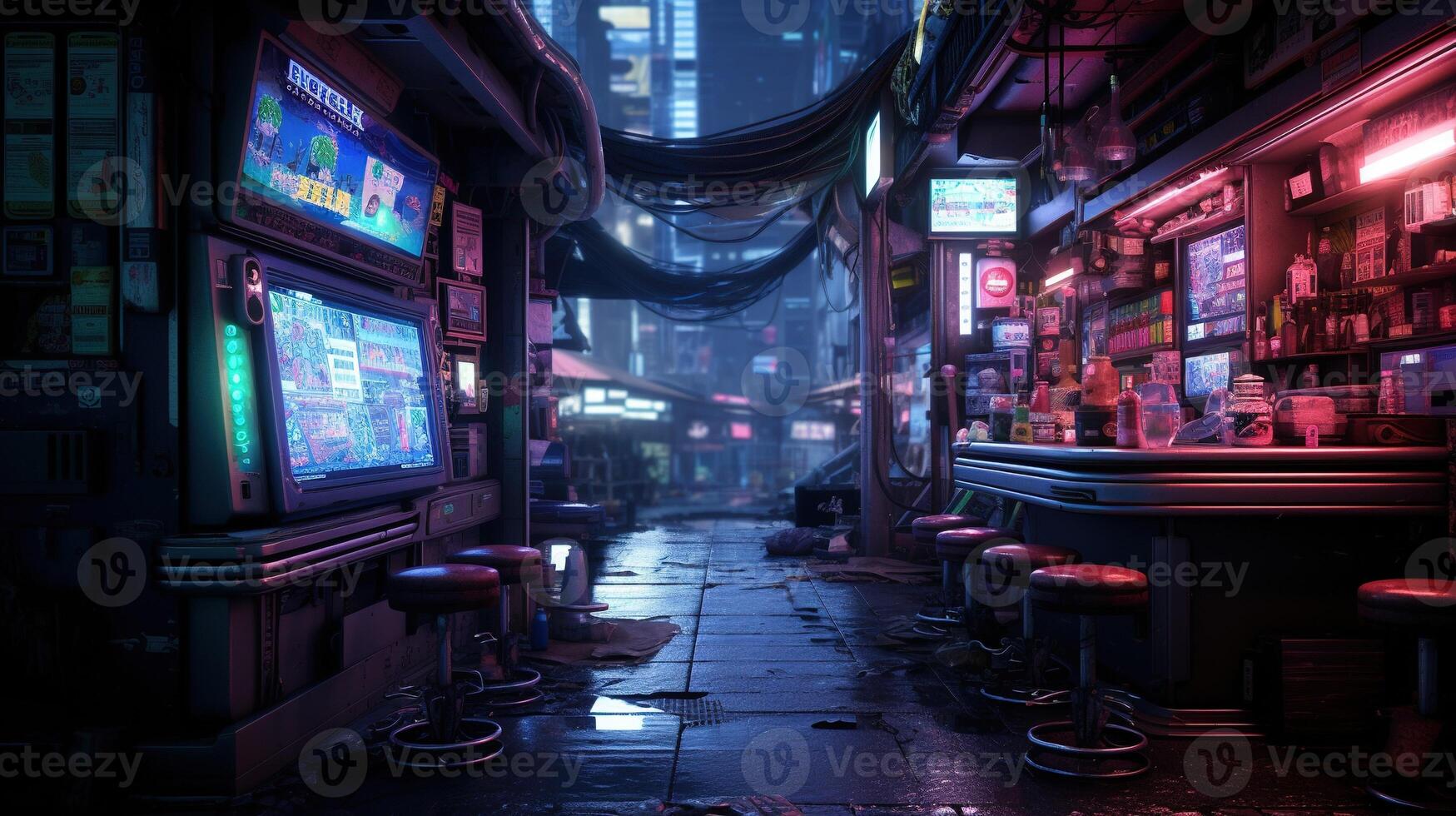 Generative AI, Cyberpunk style game bar or cafe. Night scene of big city, futuristic nostalgic 80s, 90s. Neon lights vibrant colors, photorealistic horizontal illustration. photo