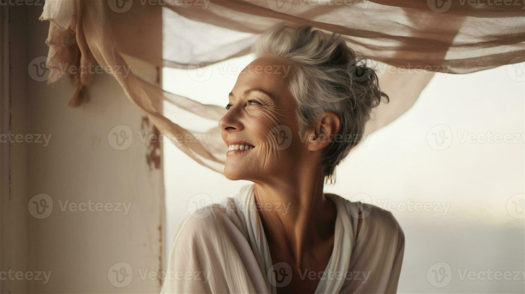 Generative AI, close-up of beautiful senior smiling woman, happiness look, aesthetic muted neutral colors photo