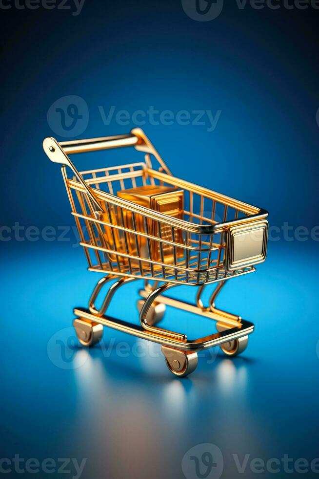 Golden Cyber Week shopping cart icon isolated on a blue gradient background photo