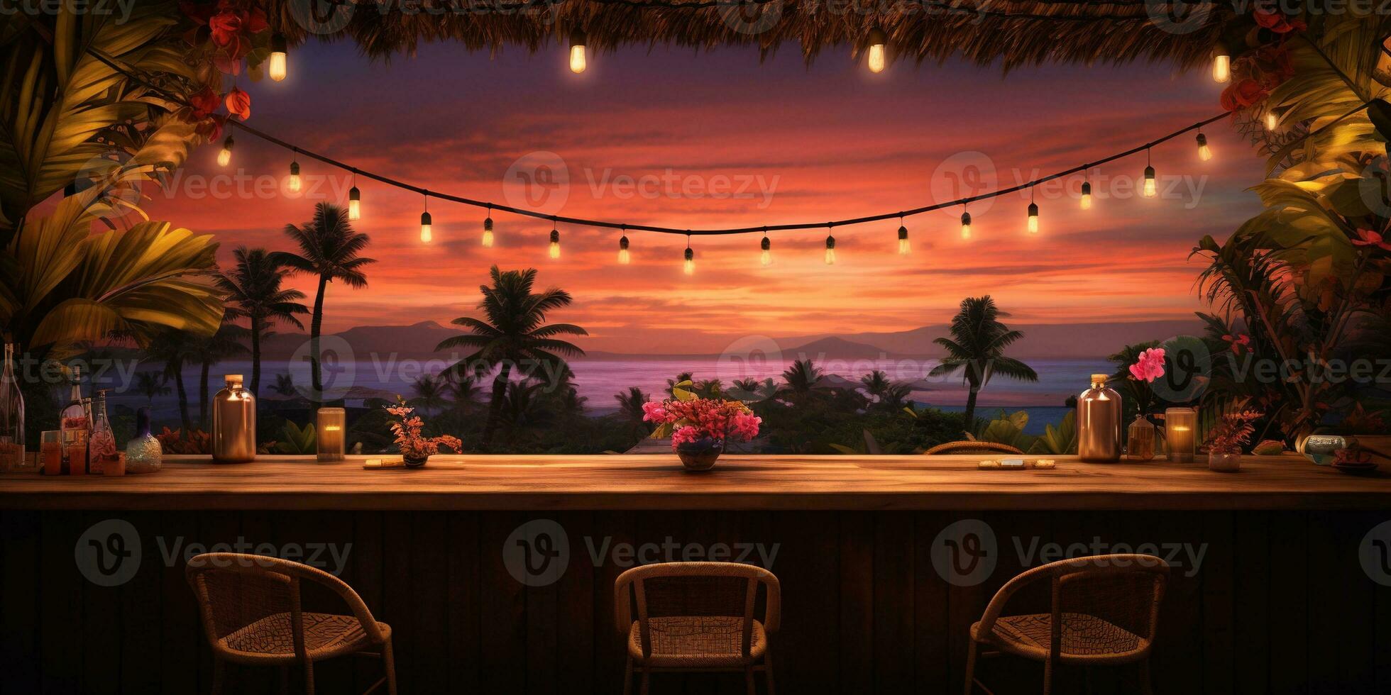 Generative AI, Tropical summer sunset beach bar background. Outdoor restaurant, Led light candles and wooden tables, chairs under beautiful sunset sky, sea view. photo