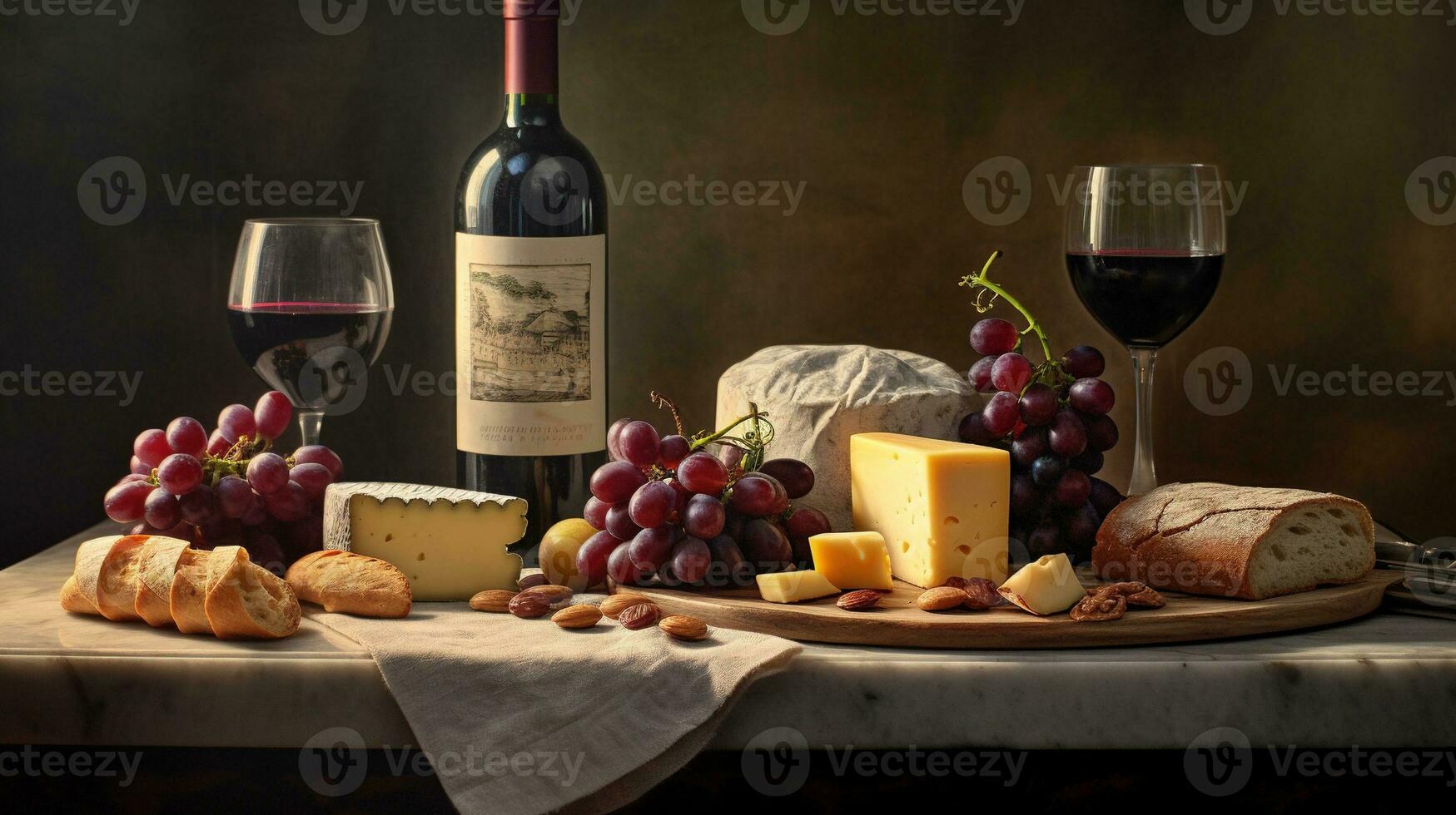 Generative AI, wine still life with grapes, rosemary, prosciutto, blue cheese, figs, bread. photo