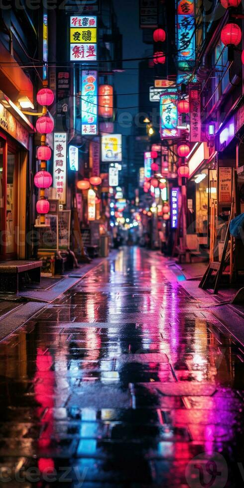 Generative AI, Night scene of after rain city in cyberpunk style, futuristic nostalgic 80s, 90s. Neon lights vibrant colors, photorealistic vertical illustration. photo