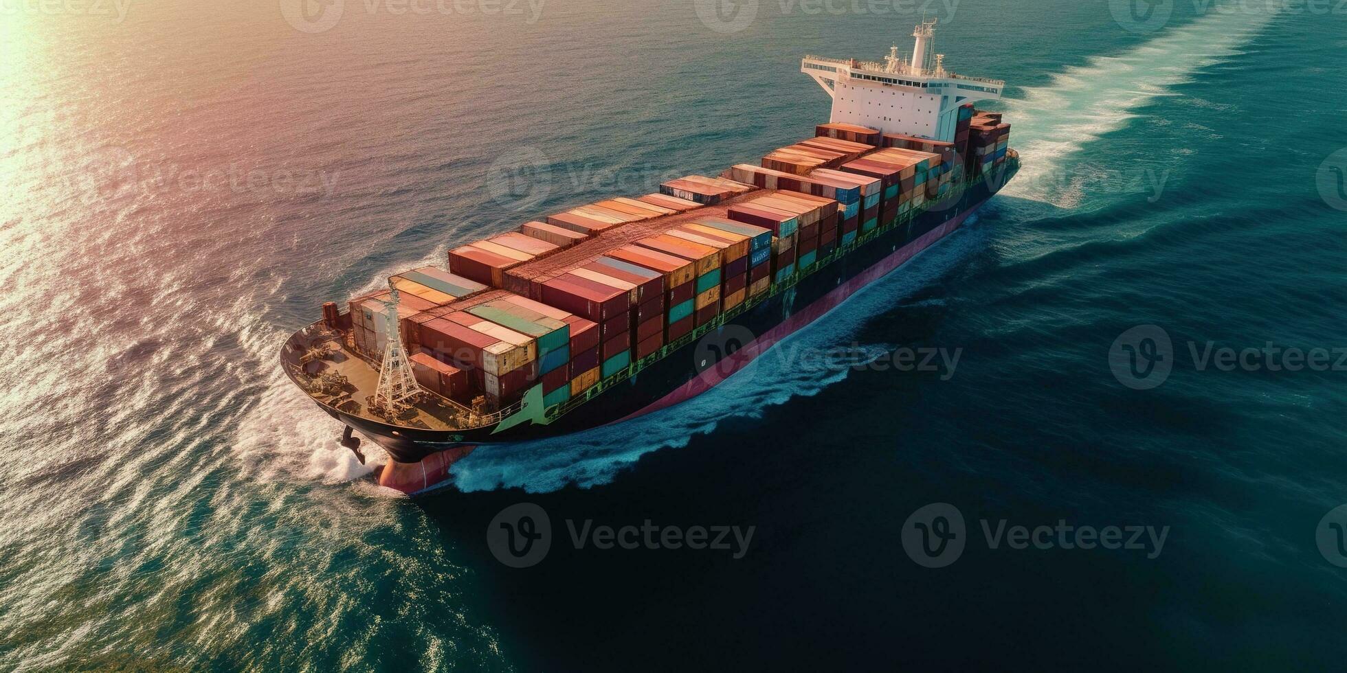 Generative AI, container ship in import export and business logistic. Aerial view, water transport, cargo shipping in open sea. photo