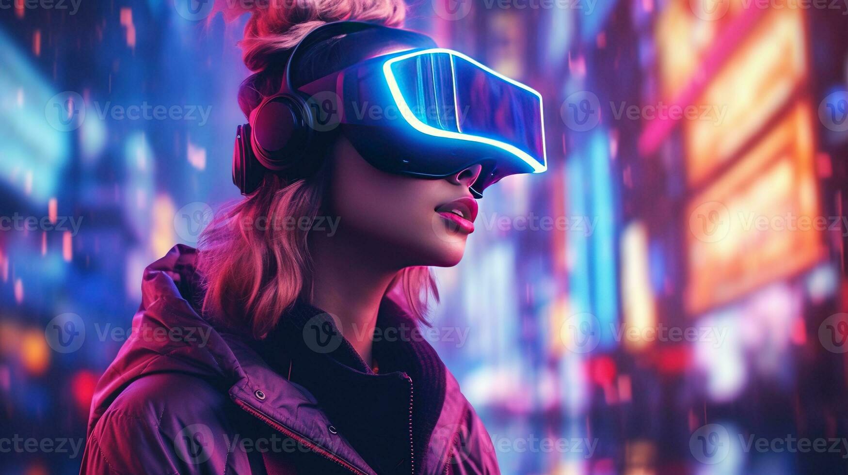 Generative AI, beautiful woman in VR glasses in neon space street, virtual reality headset  in cyberspace photo