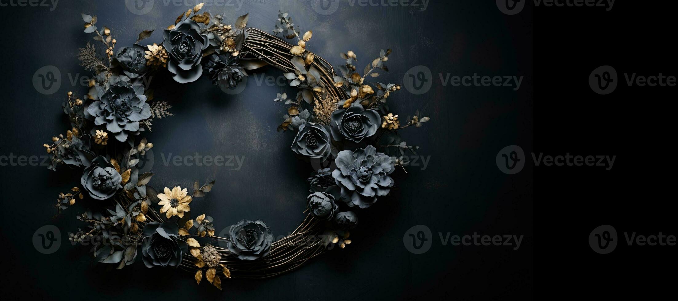 Generative AI, Close up wreath, blooming flowerbeds of amazing black flowers on dark moody floral textured background. photo