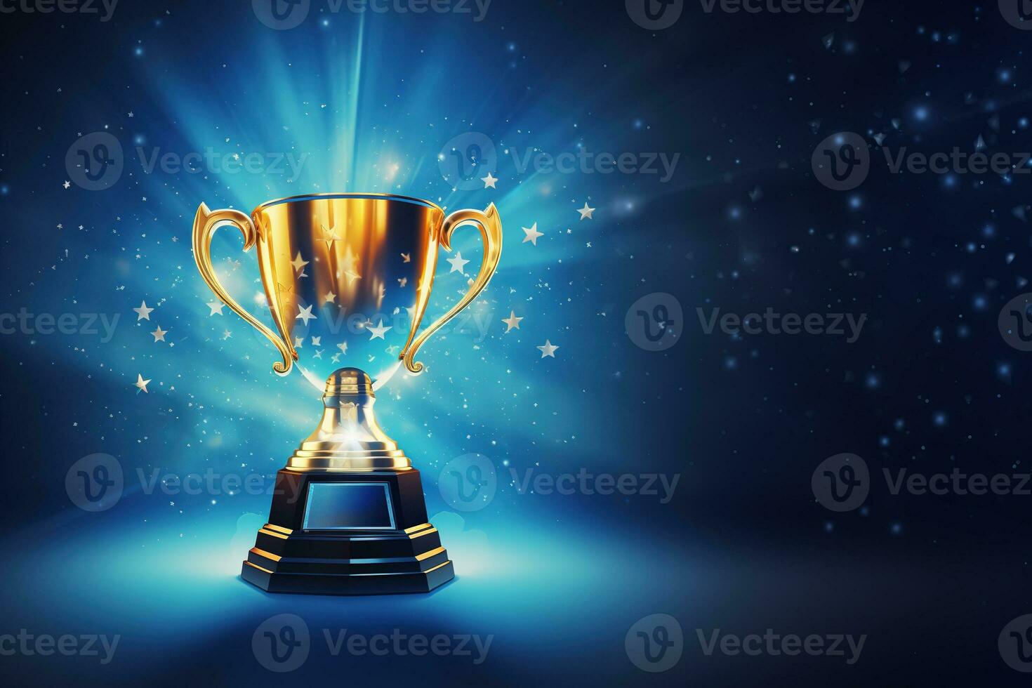 Generative AI, Winner trophy with flames, blue golden champion cup with falling confetti on blue background. photo