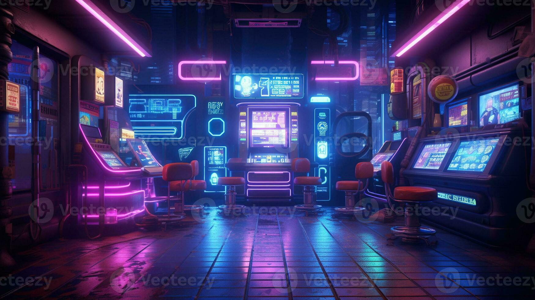 Generative AI, Cyberpunk style game bar or cafe. Night scene of big city, futuristic nostalgic 80s, 90s. Neon lights vibrant colors, photorealistic horizontal illustration. photo