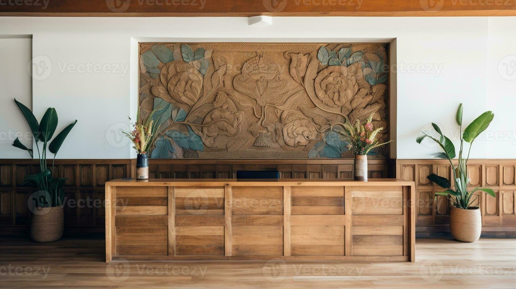 Generative AI, Front desk of boho hotel, wooden reception photo