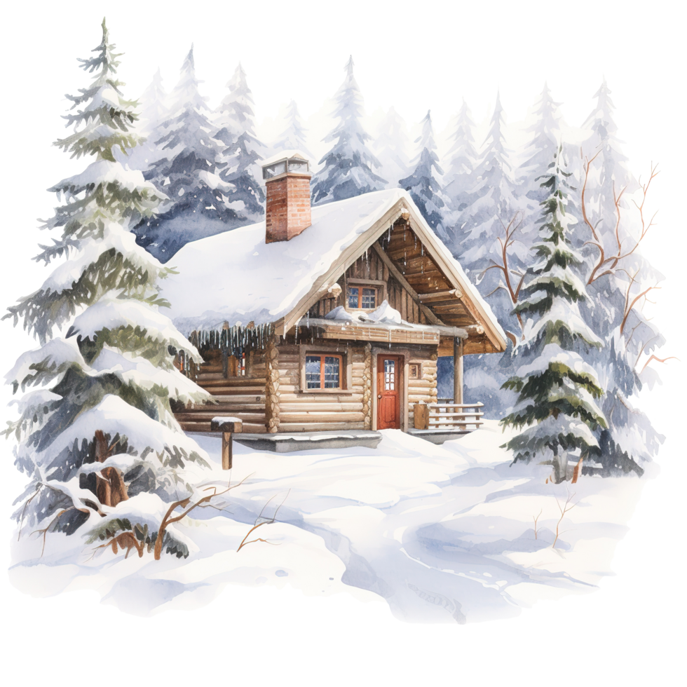 Winter Forest Cabin For Christmas Event. Watercolor Style. AI Generated png