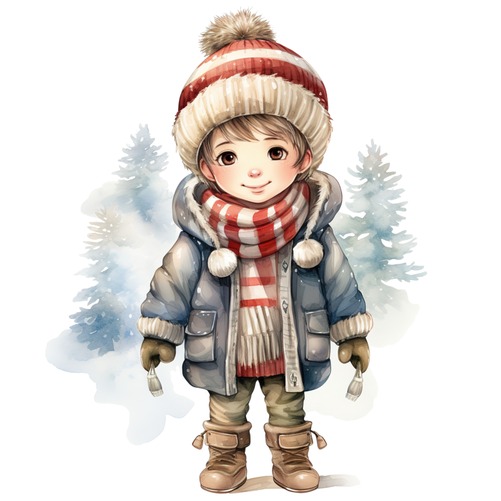 Boy Wearing Winter Clothes For Christmas Event. Watercolor Style. AI Generated png