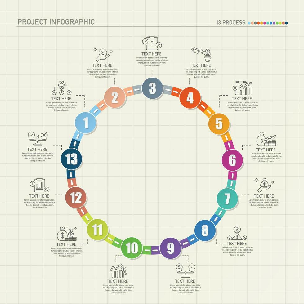 Road way infographic circle of 13 steps and business icons for finance process steps. vector