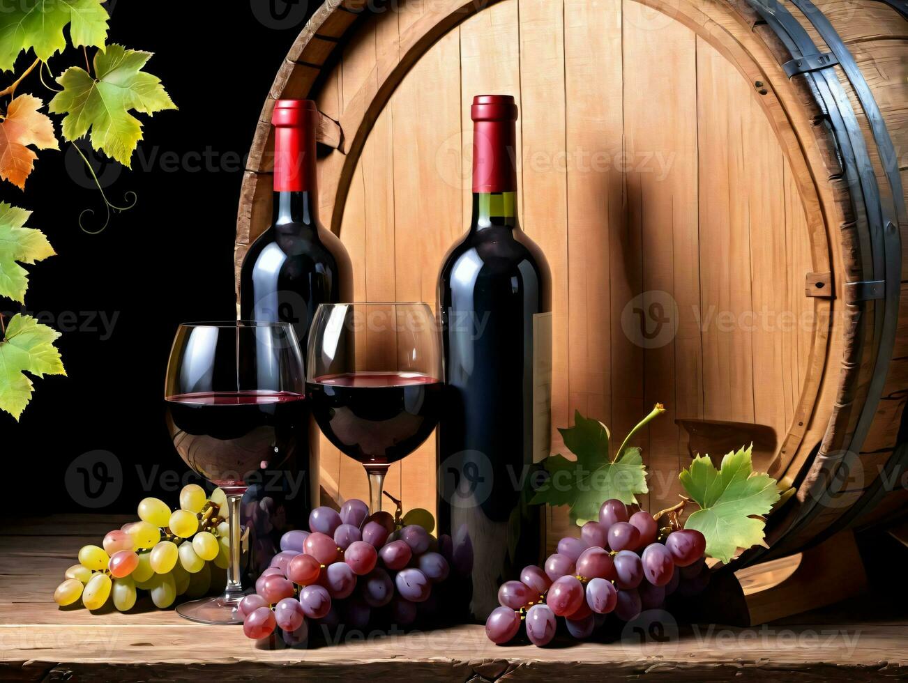 A Couple Of Bottles Of Wine Next To Some Grapes. AI Generated photo