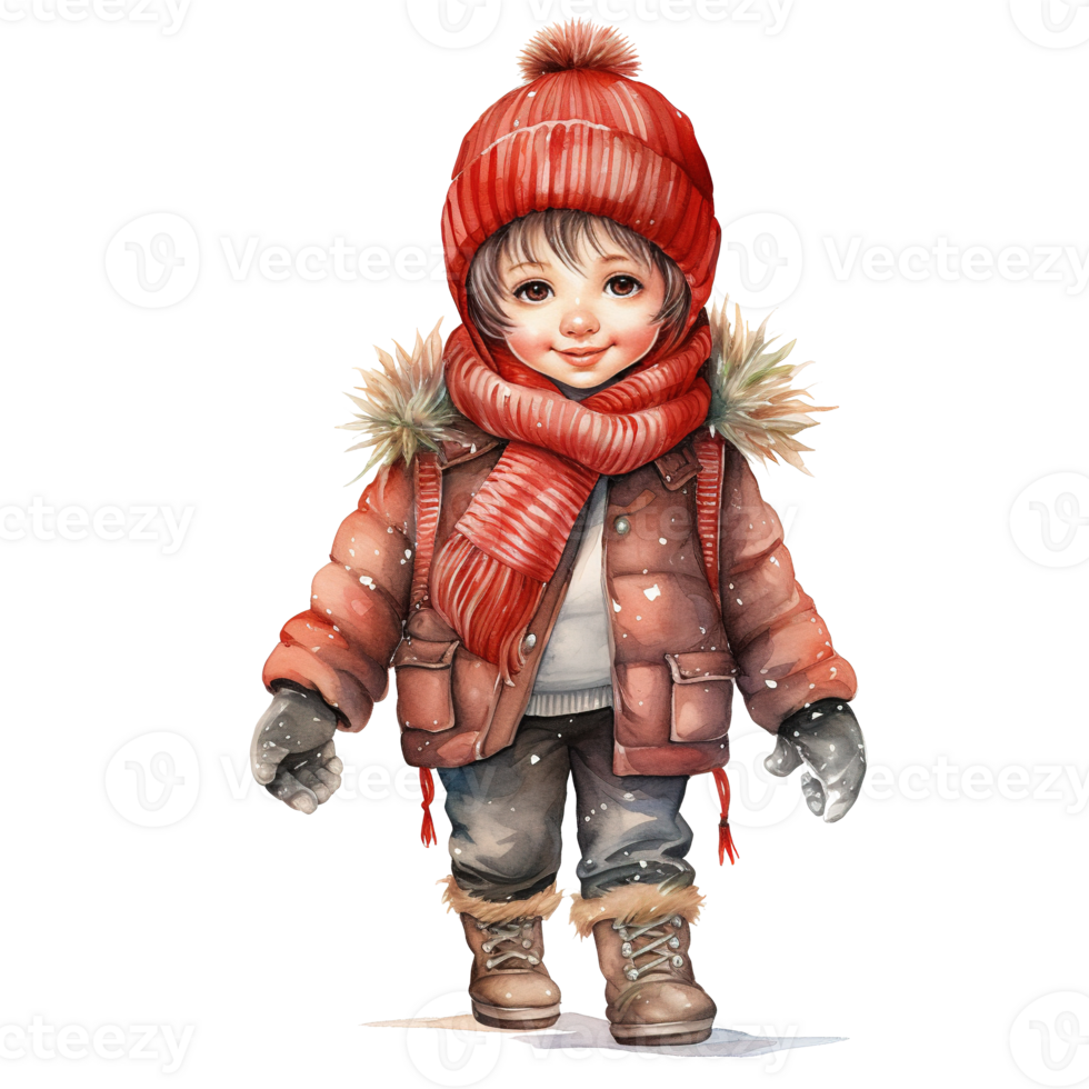 Boy Wearing Winter Clothes For Christmas Event. Watercolor Style. AI Generated png