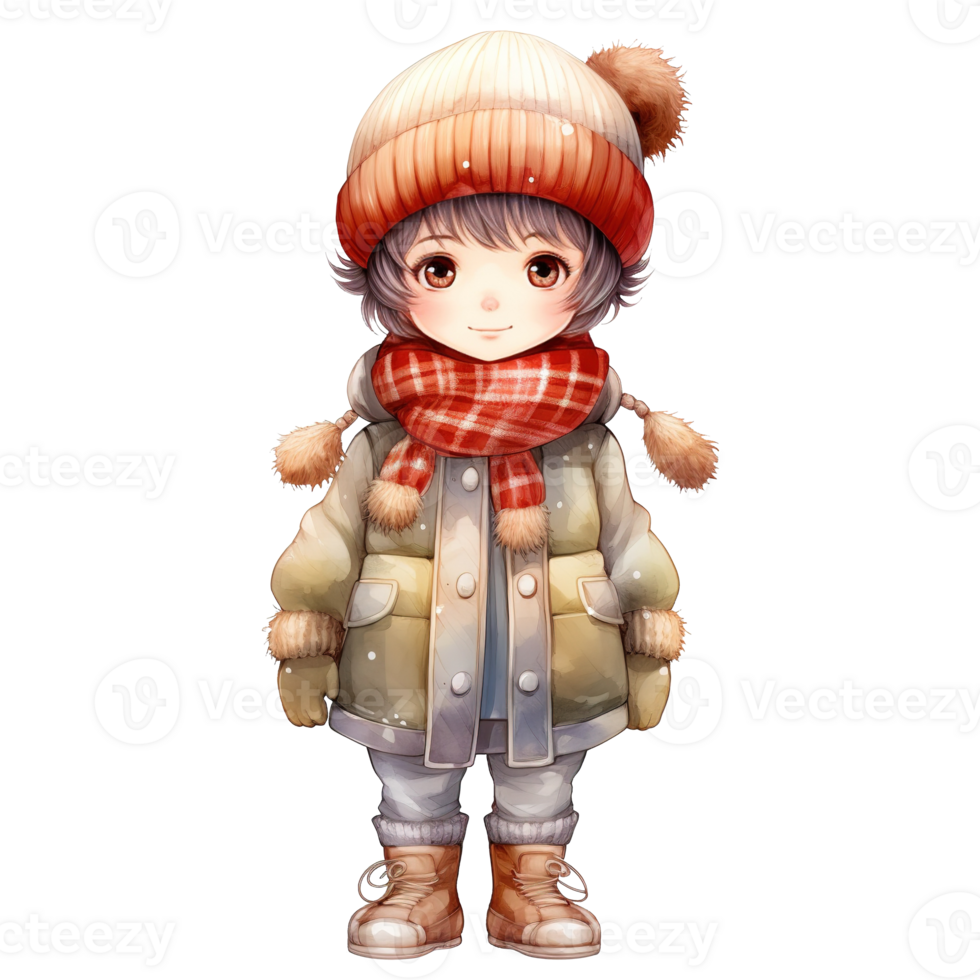 Boy Wearing Winter Clothes For Christmas Event. Watercolor Style. AI Generated png