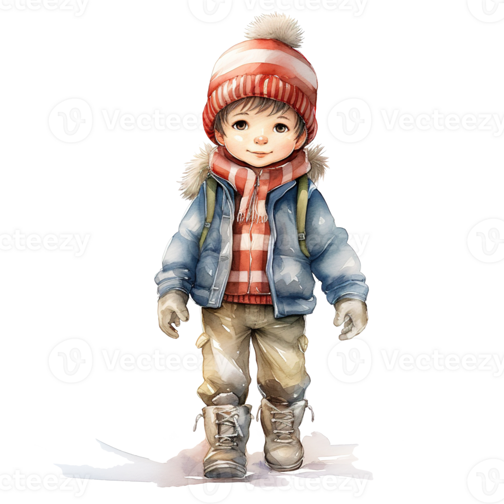 Boy Wearing Winter Clothes For Christmas Event. Watercolor Style. AI Generated png