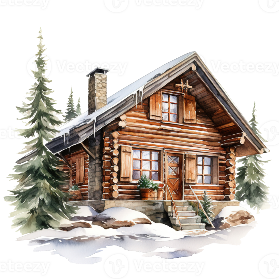 Winter Forest Cabin For Christmas Event. Watercolor Style. AI Generated png