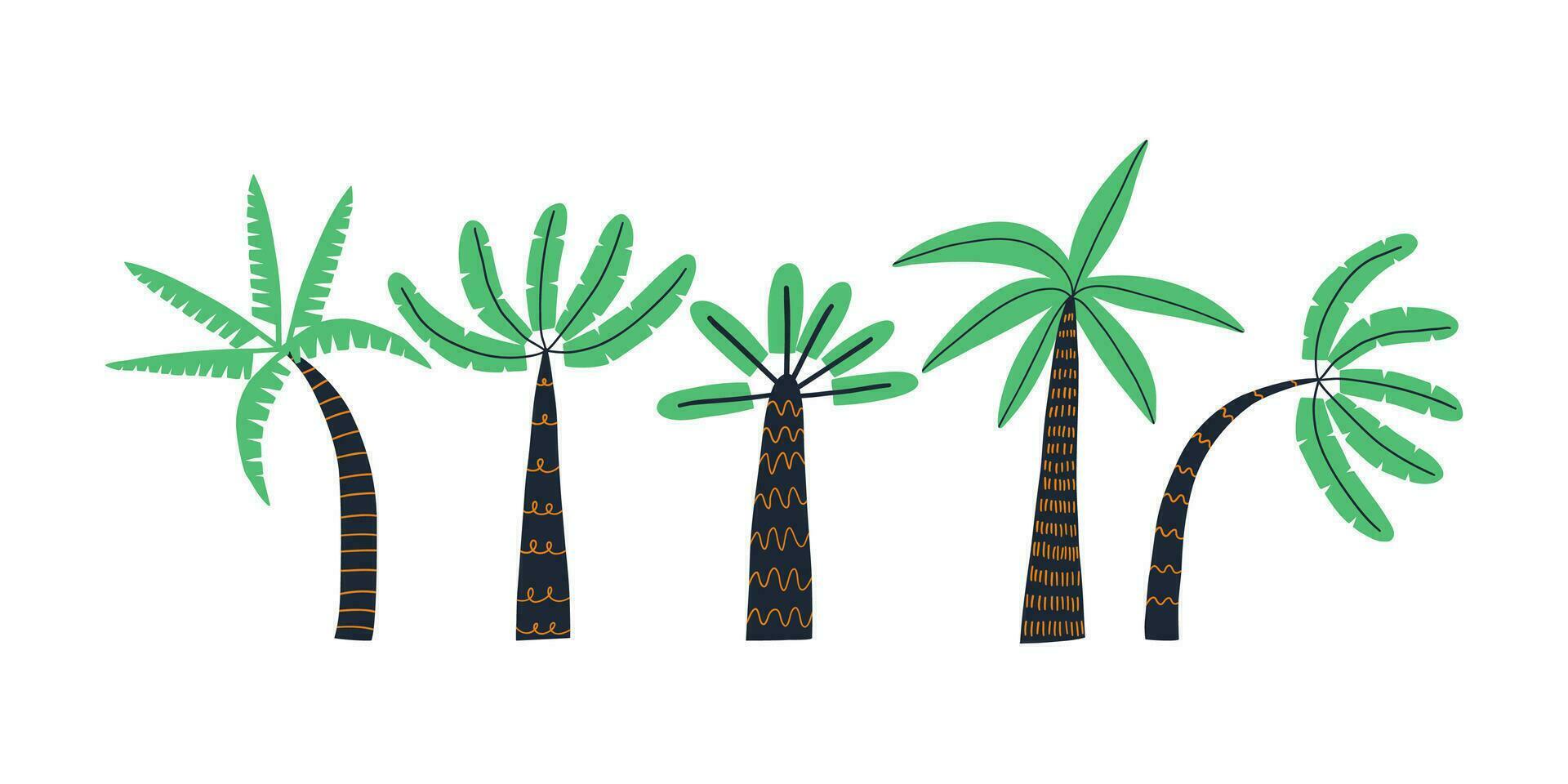 Set with palm trees. Beach, tropics, trees. Vector flat illustration.