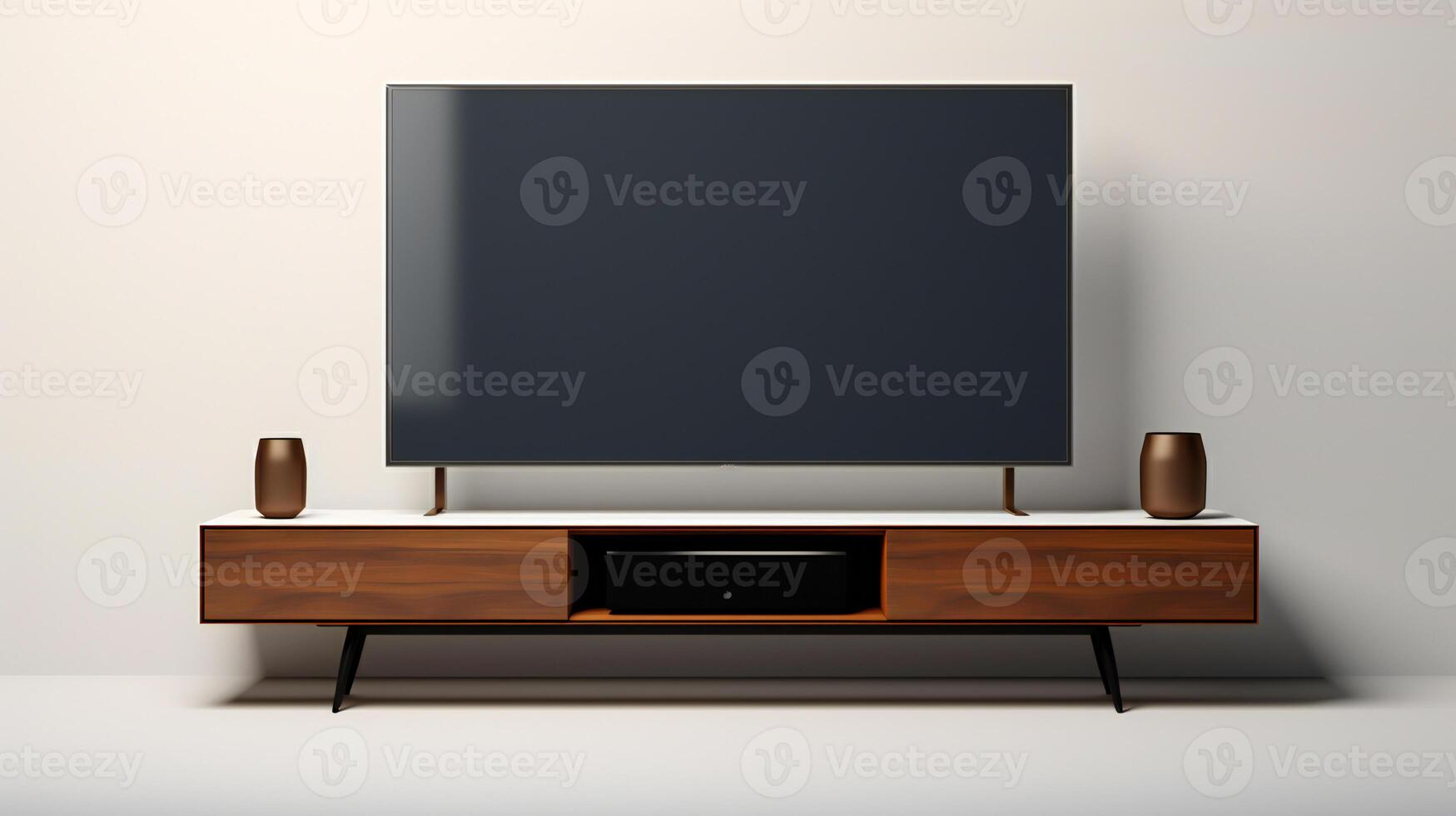 a modern tv stand with speakers and a large screen photo