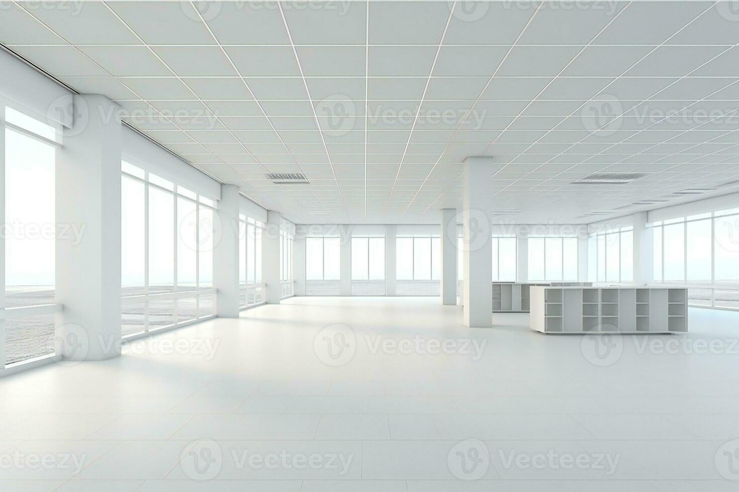 vacío blanco oficina con grande ventanas y blanco pisos ai generativo foto