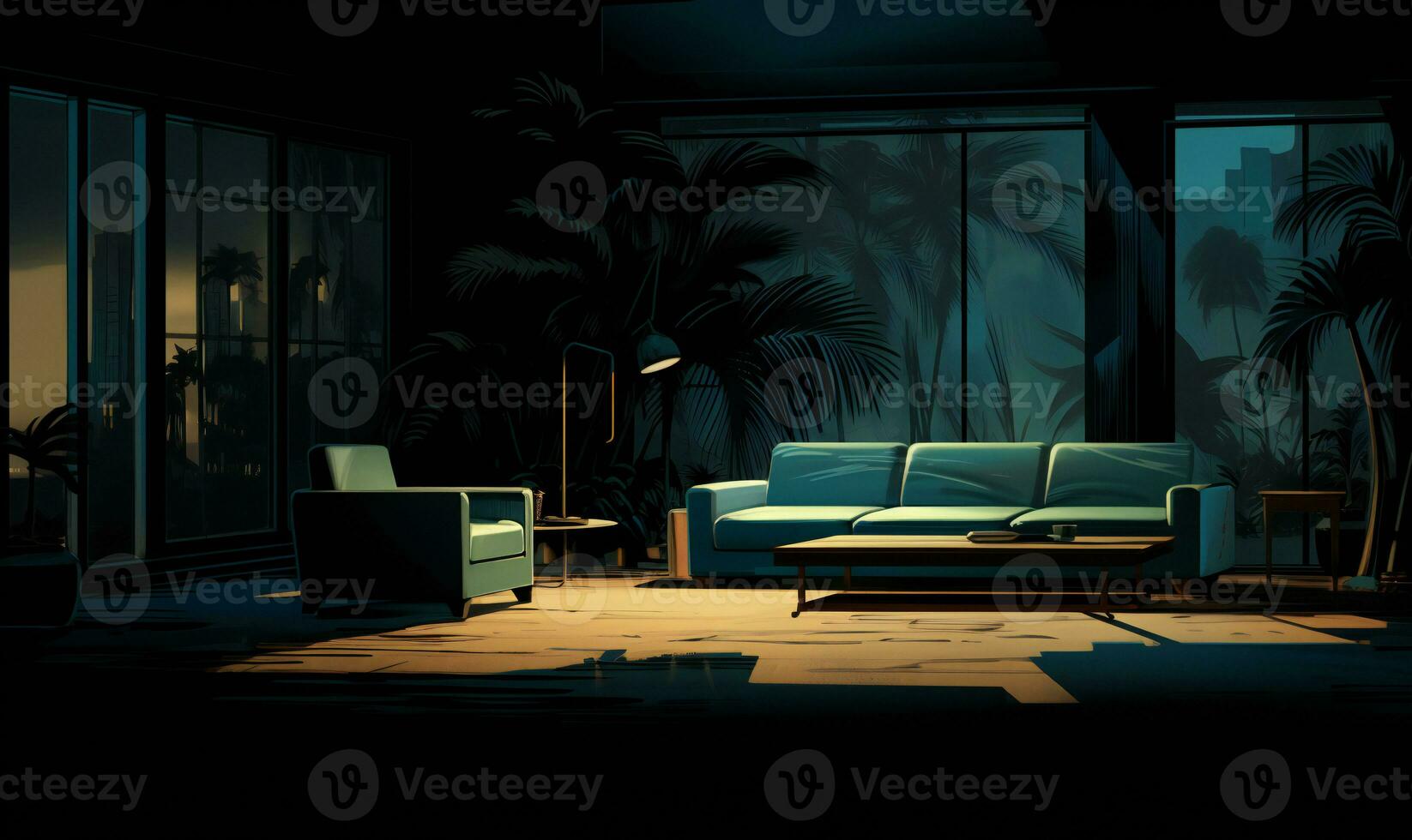a dark room with a blue couch and a table AI Generative photo