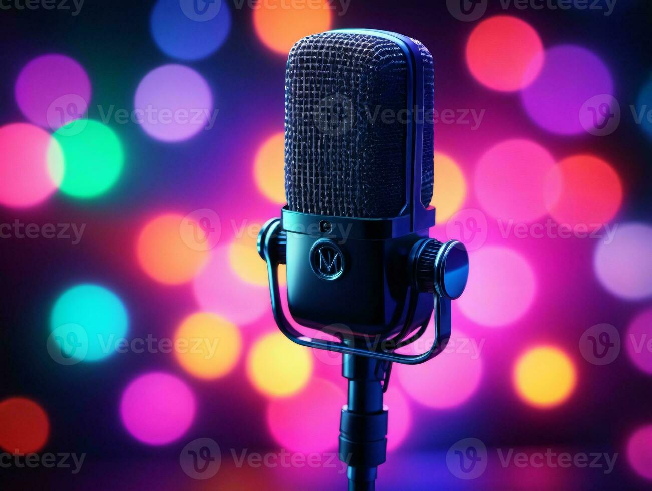 A Microphone In Front Of A Colorful Background. AI Generated photo