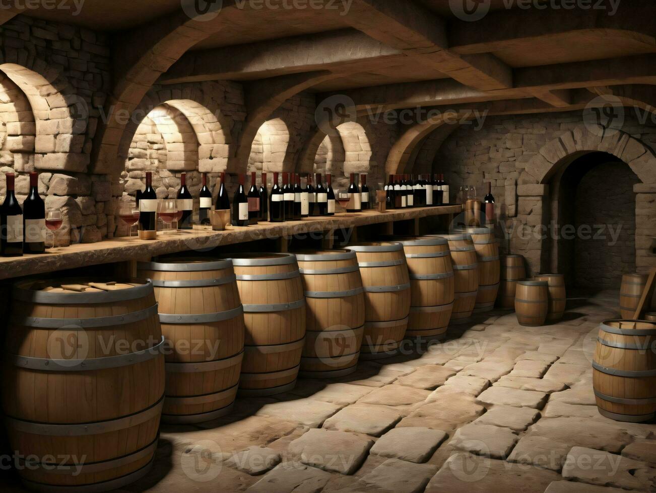 A Room Filled With Lots Of Wooden Barrels. AI Generated photo