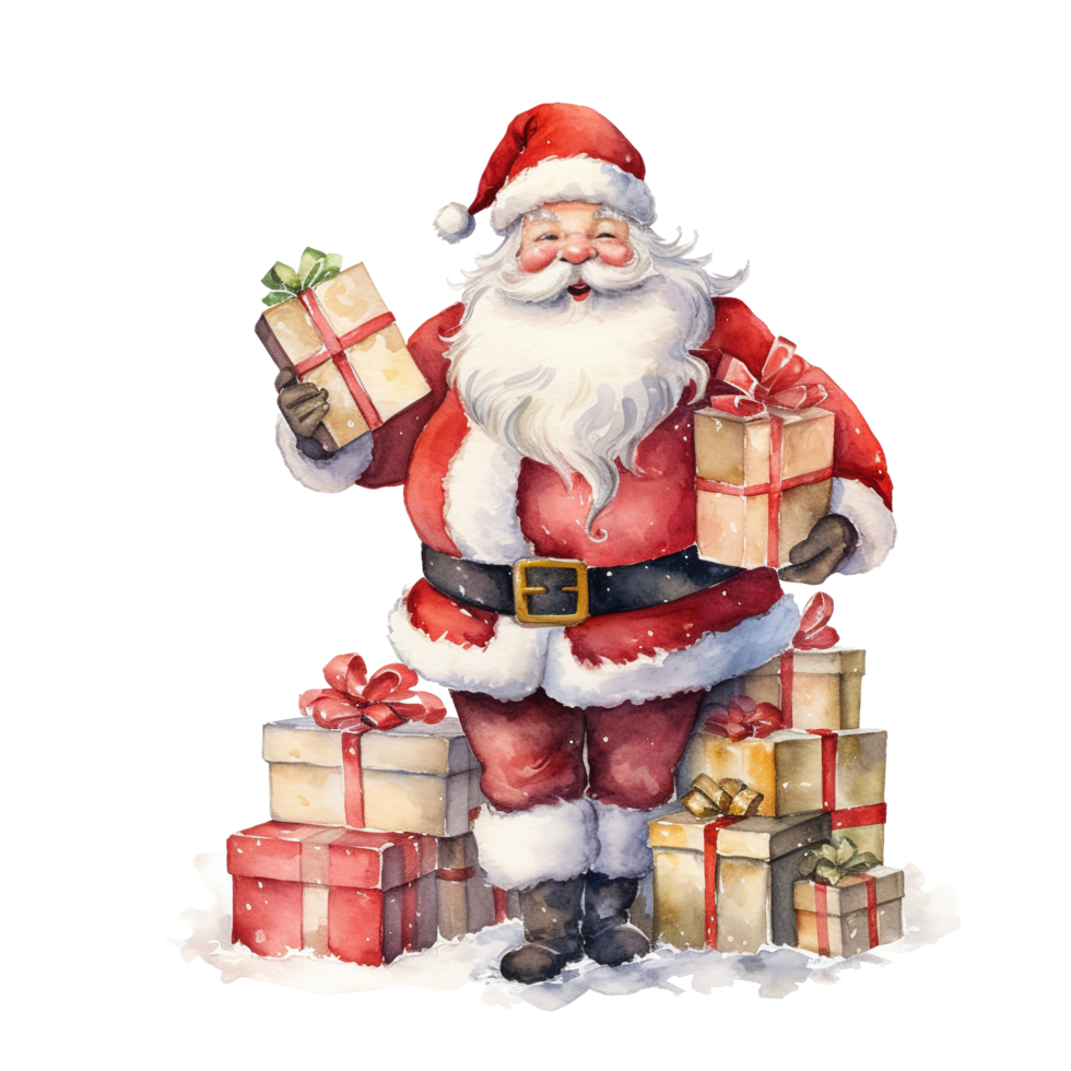 Papa Noel que lleva regalos para Navidad evento. acuarela estilo. ai generado png