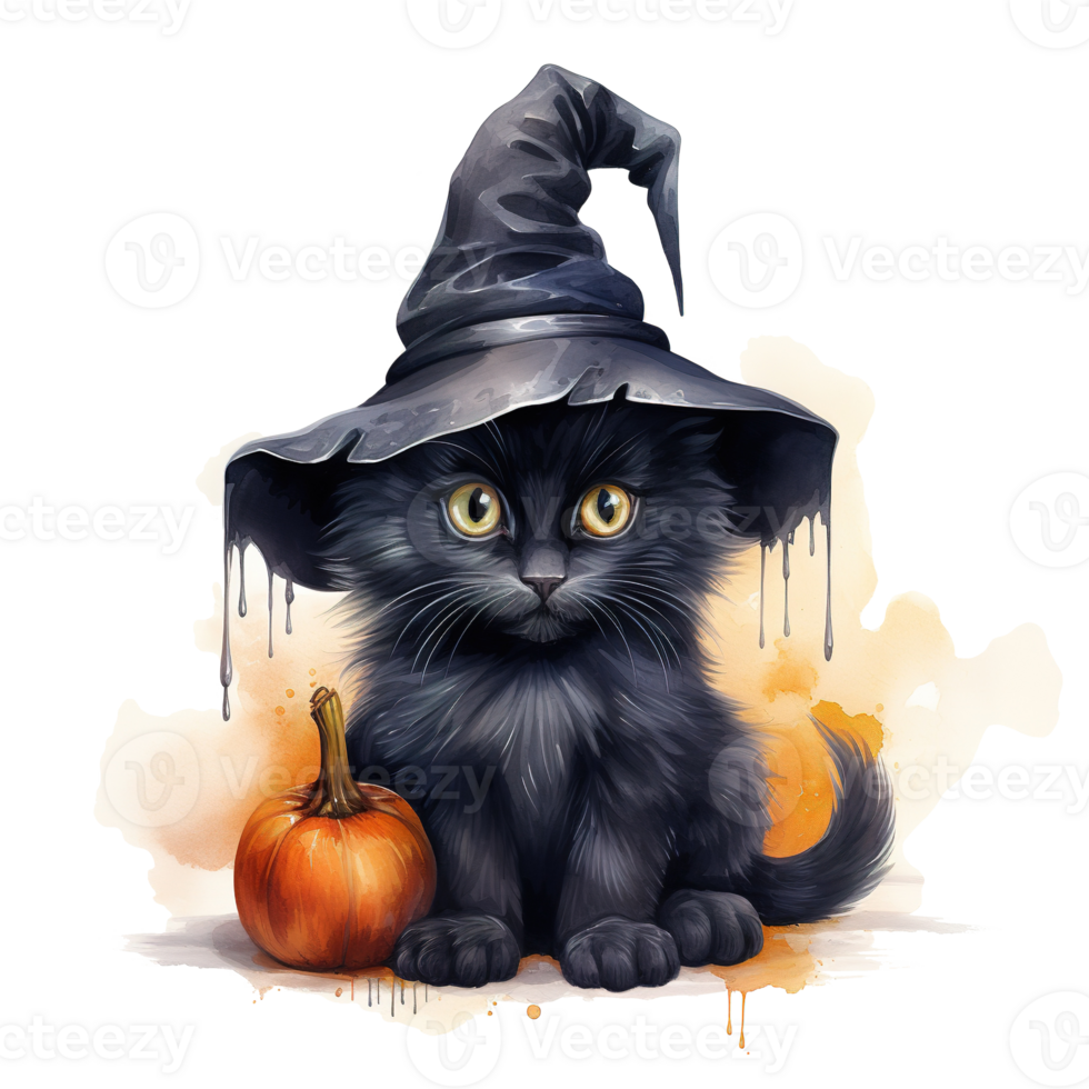 Black Cat Wearing Witch Hat For Halloween Event. Watercolor Style. AI Generated png
