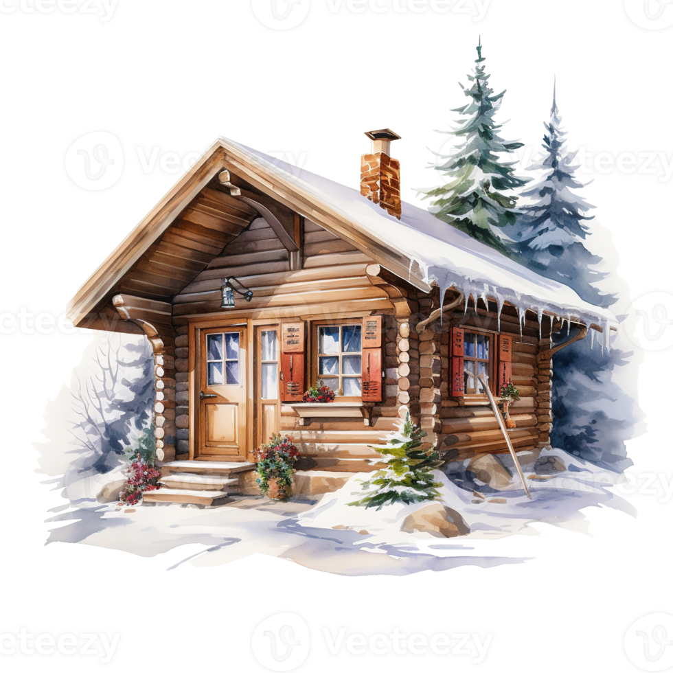 Winter Forest Cabin For Christmas Event. Watercolor Style. AI Generated png