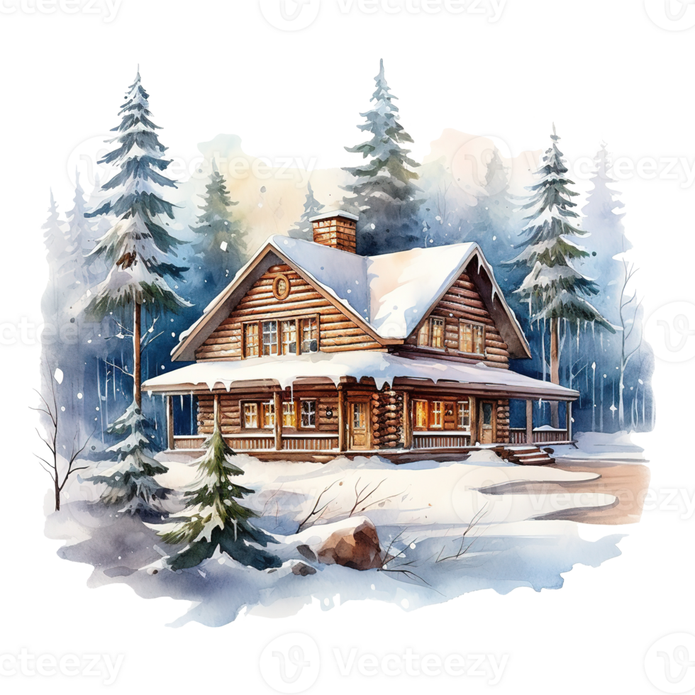 Winter Forest Cabin For Christmas Event. Watercolor Style. AI Generated png