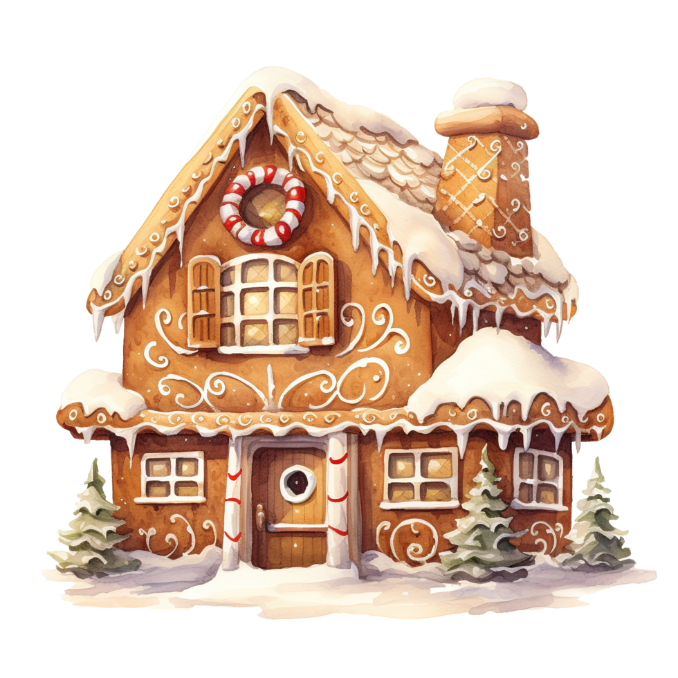 Gingerbread House For Christmas Event. Watercolor Style. AI Generated png