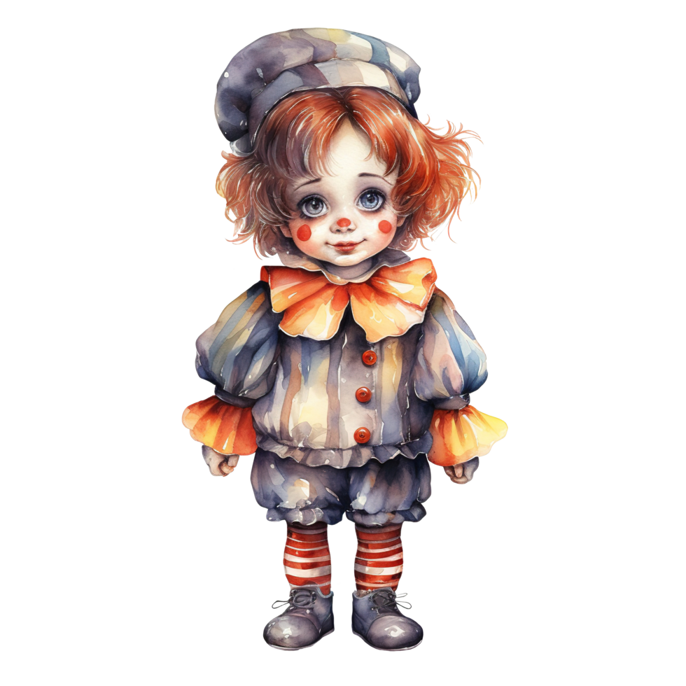 Junge tragen Clown Kostüm zum Halloween Fall. Aquarell Stil. ai generiert png