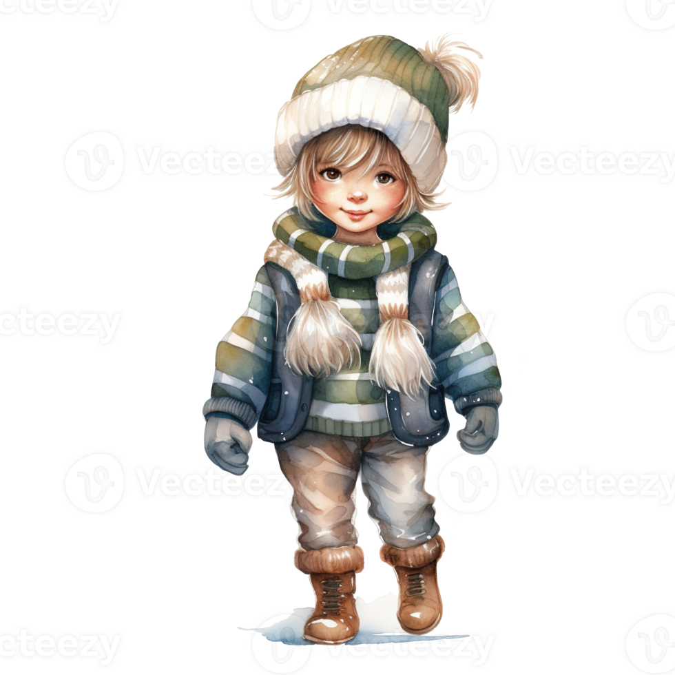 Boy Wearing Winter Clothes For Christmas Event. Watercolor Style. AI Generated png