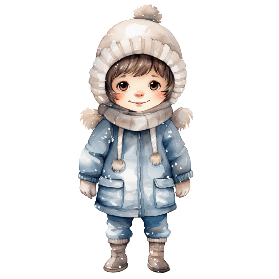 Boy Wearing Winter Clothes For Christmas Event. Watercolor Style. AI Generated png