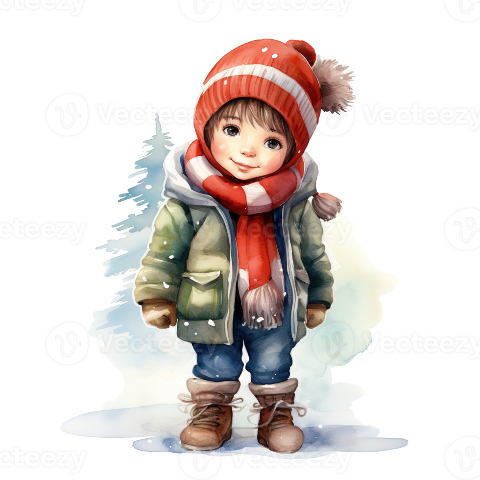 Boy Wearing Winter Clothes For Christmas Event. Watercolor Style. AI Generated png