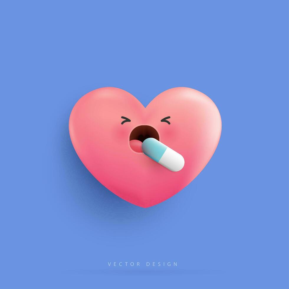 dibujos animados corazón es enfermo y tomando medicina personaje concepto. negativo efecto de virus, gérmenes y bacterias en el humano corazón para médico. vector diseño.