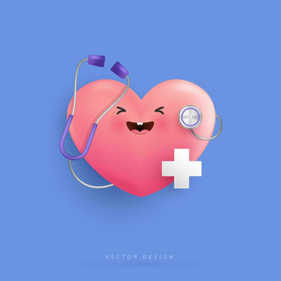 Cartoon heart character and medical doctor stethoscope for health care, hospital. pulse heartbeat. vector design.