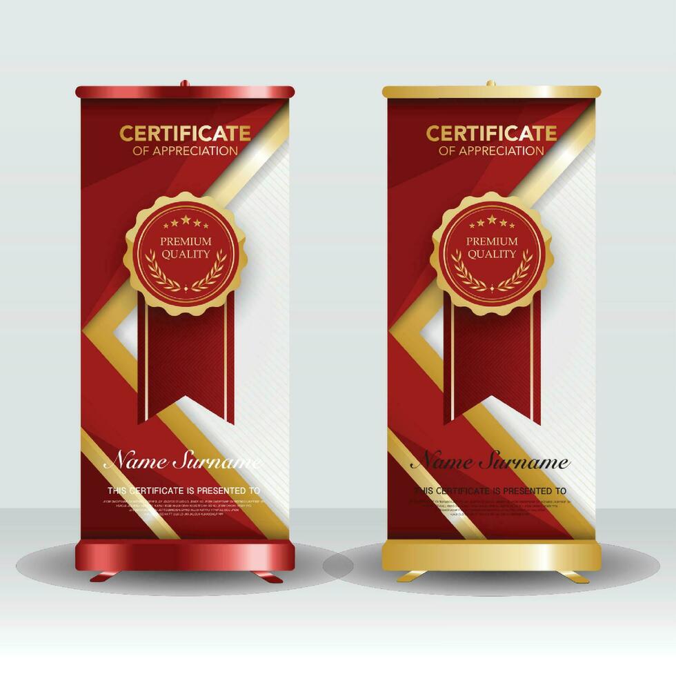 diploma certificate template roll up banner stand model, red and gold color with luxury and modern style vector image.